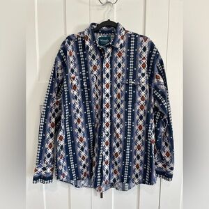 Vintage Wrangler Brushpopper Shirt Mens XL Aztec Tribal Print Western Pearl Snap